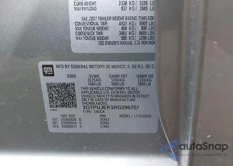 2024 GMC Sierra 1500 4Wd Short Box Elevation With 3Vl z USA, uszkodzony, nr VIN 3GTPUJEK1RG296707